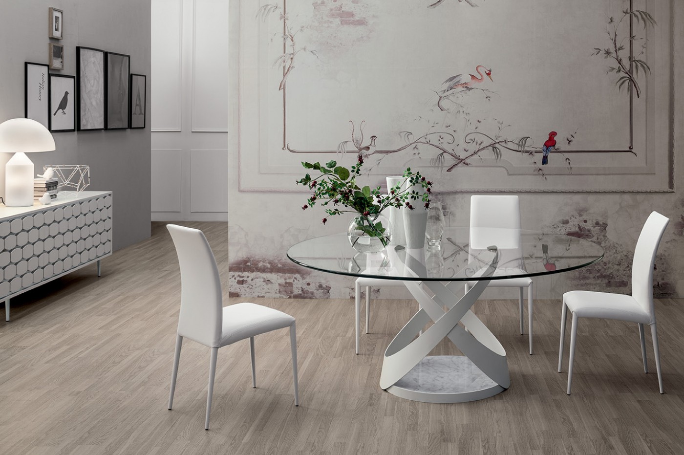 Capri Large Round Dining Table Matt White Metal Base Carrara White Marble Extra Clear Transparent Glass Top 0 59 Thickness Buy Online At Best Price